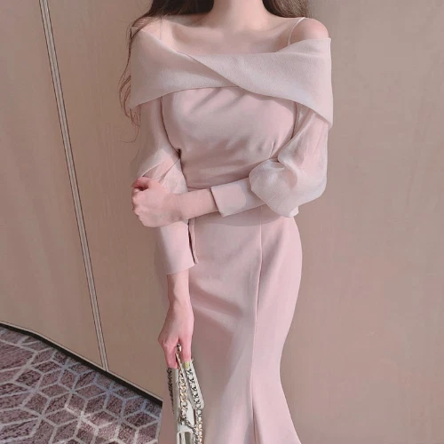 OFF WHITE Abito donna coreano primaverile midi elegante spalle scoperte manica lunga slim vita alta