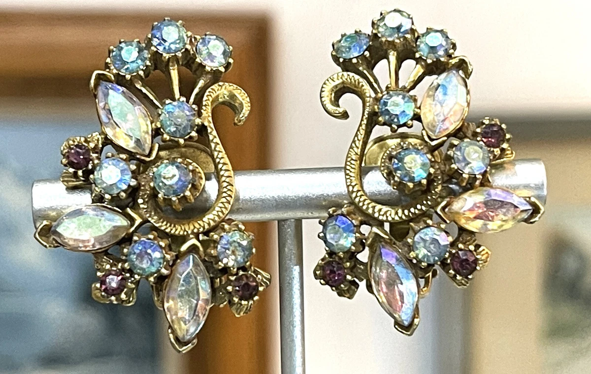Vintage Florenza Rhinestone Purple Iridescent Swirl Prong Set Clip On Earrings