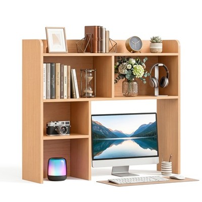 37'' Desktop Bookshelf 4-Tier Desk Hutch Natural Wood 5-Shelf for Home Organizer