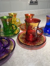 Turkish Arabic Set of 6 Glass Kahwa Cups Gold Plated Mixed Colours Gift