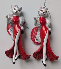 NWT Pair Of 2 White Cat Dressed Up Ornaments Holiday Christmas