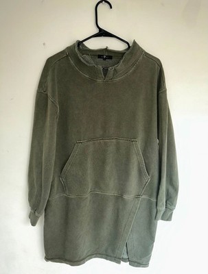 7 For All Mankind Olive Longline Mock Neck Sweatshirt Men's M Kangaroo Pocket