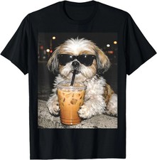 Maglietta divertente Shih Tzu che beve caffè ghiacciato cane meme, maglietta unisex
