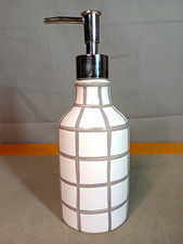 White/Gray Grid Ceramic Soap Dispenser w/ Silver Pump, 8 in