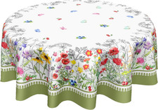Spring Floral round Tablecloth 60 Inch Green Wild Flower Butterfly Spring Summer