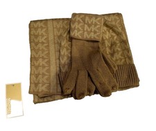 Michael Kors 3 Pcs Set Scarf Gloves And Hat NWT 98 Cream Tan Golden Shiny MK Lo