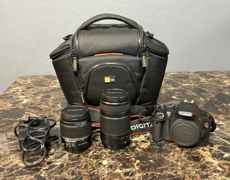 Canon EOS Rebel T2i DSLR Bundle w/ EF-S 18-55mm & 55-250mm Lenses, Charger,Case