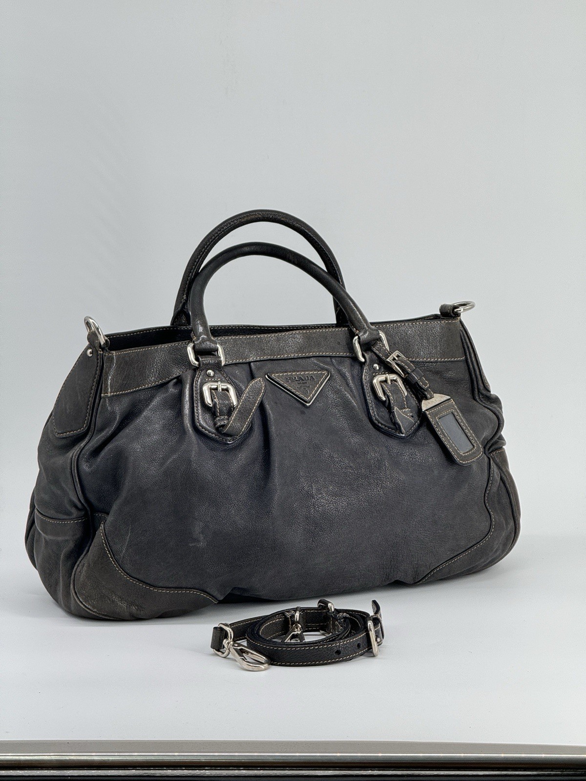 PRADA 2way Grey Leather Tote Shoulder Bag