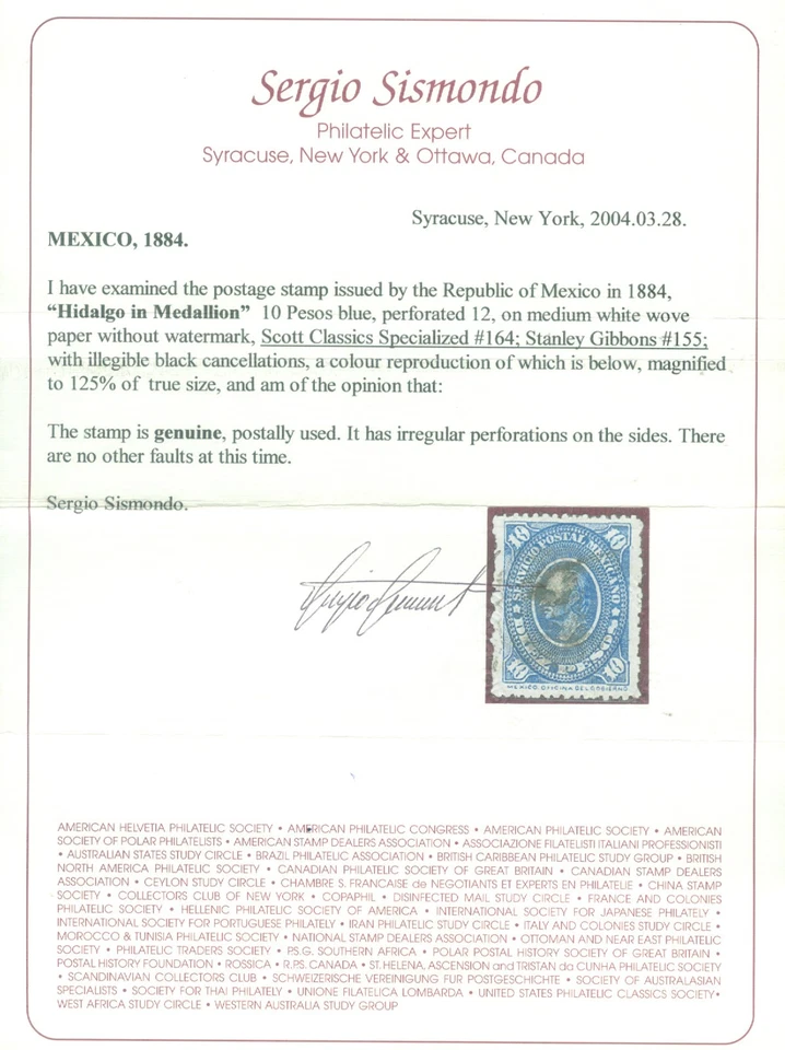 MÉXICO 1884 Hidalgo - Valores altos - 10 Pesos azul Scott # 164 usado con certificado Foto 3 de 4