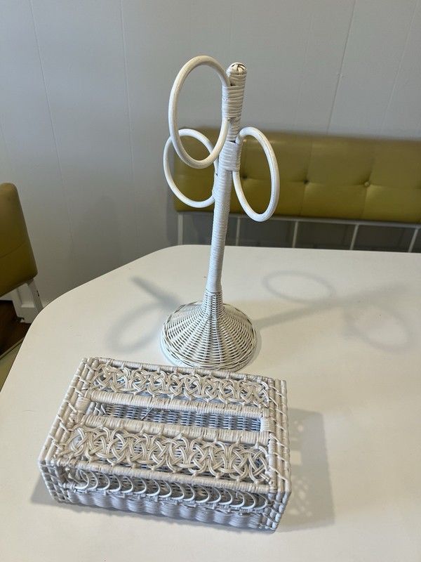 Vintage White Wicker Towel Rack And Tissue Box Cover bathroom decor 
