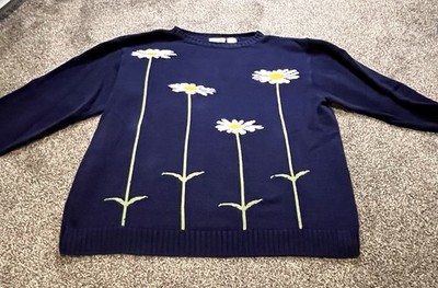Wildlife Federation Vintage Daisy Long Sleeve Sweater Navy 100% Cotton XL