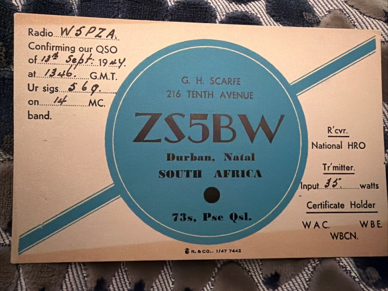 1947 South Africa ZS5BW Vintage Ham Radio QSL Ephemera WWII Deco Durban Natal