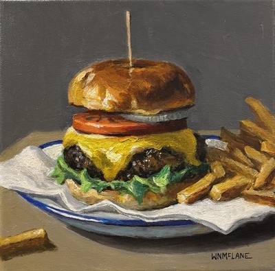 Original Acrylic Painting Still Life Cheeseburger French Fries. 11 x14  Canvas