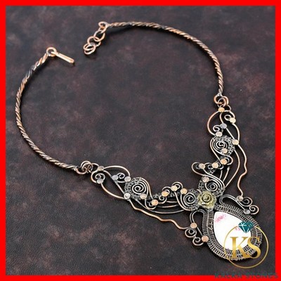 Cinnabarite Gemstone Daughter Chain Wire Wrapped Flower Necklace Jewelry Copper