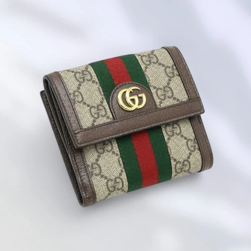 Portefeuille Gucci à rabat français Ophidia GG Supreme beige marron occasion rang SA
