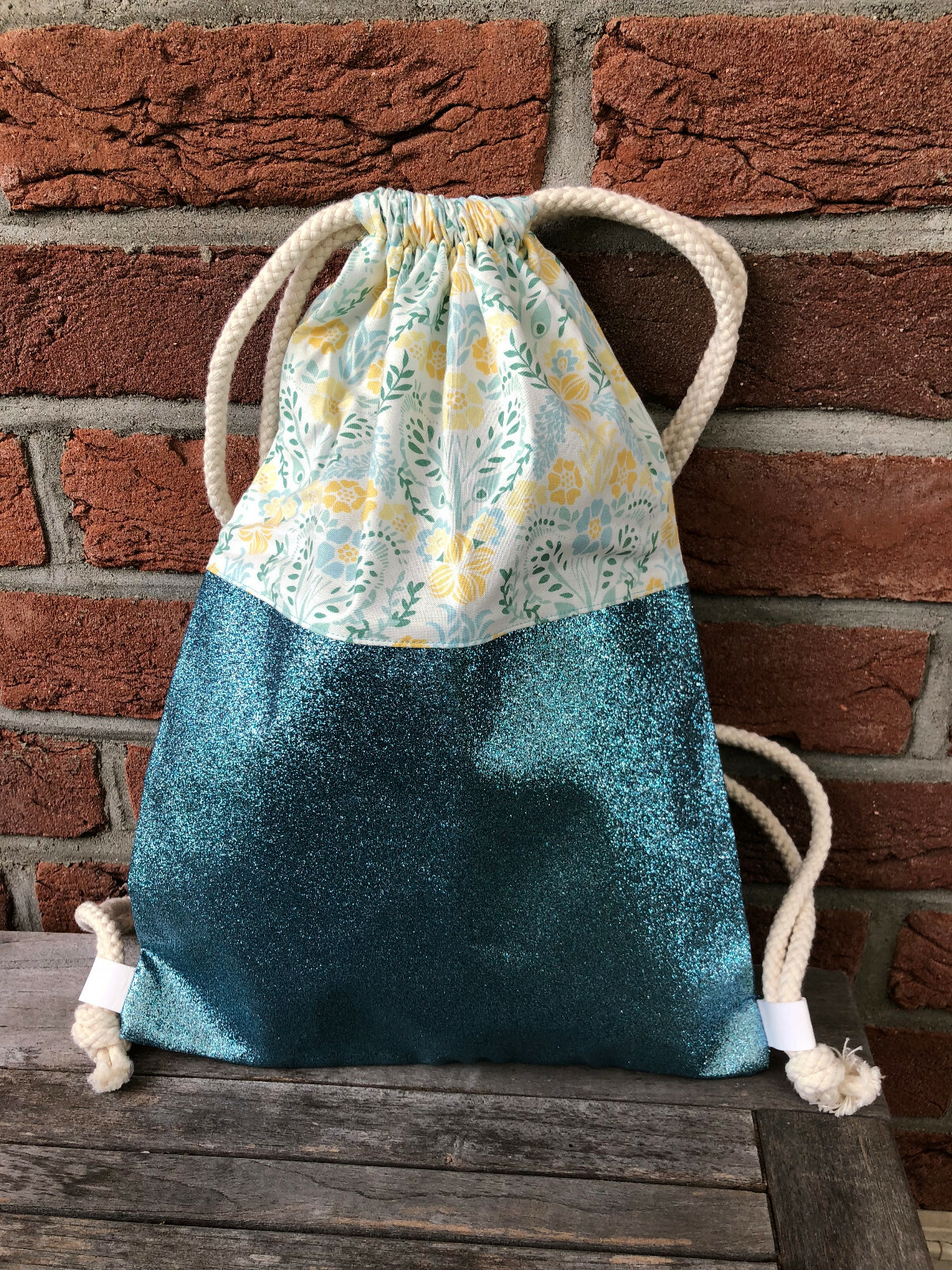 Glitzer-Rucksack Turquesa-Amarillo, Mochila Brillo & Tela Gimnasio Estilo Bolso