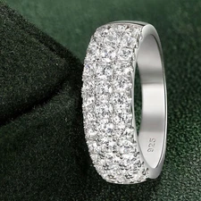 3 Row Sterling Silver Half Eternity Wedding Bands for Women Ring Band White Gold