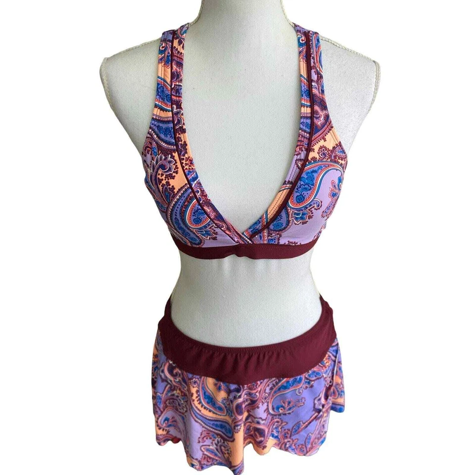 New Antonio Melani Bikini Womens S M Paisley 3 Piece Swimsuit Set Skirt Purple - Image 4 of 4