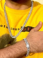 Iced 10mm Miami Cuban Link Necklace Silver St Steel 24 in Chain Bracelet Set ICY