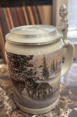 DOMEX GERMANY BEER STEIN MUG with WOLVES WOLF Pewter Lid 5.5''