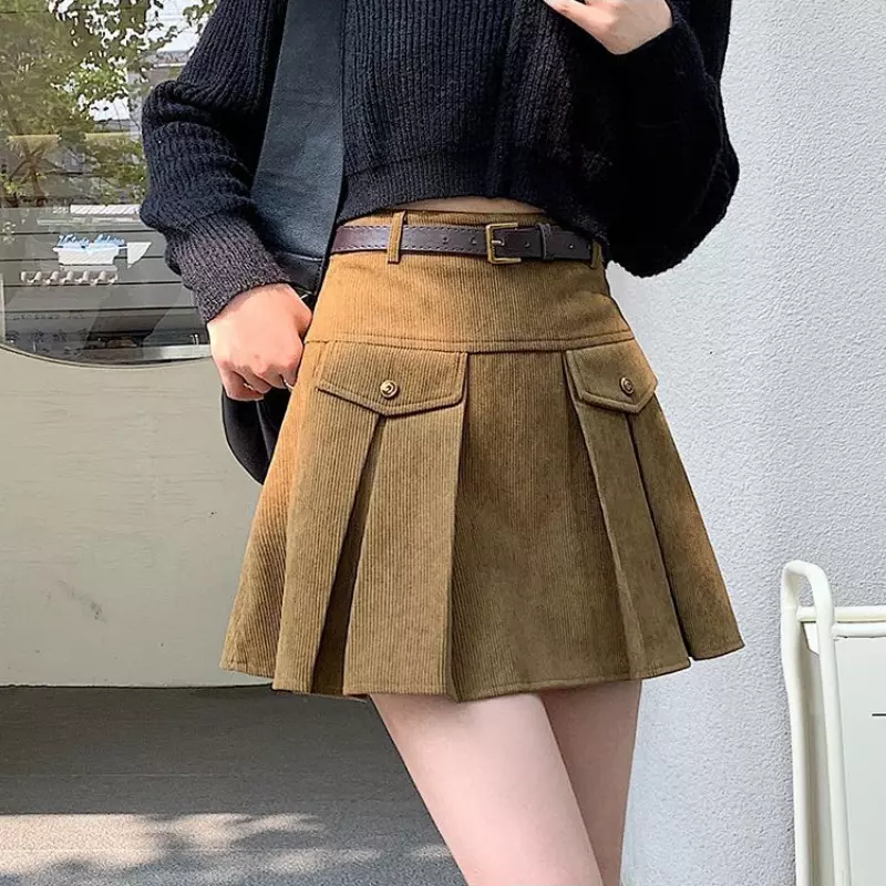 Women Pleated Skirt with Belt Casual High Waist A-Line Short Corduroy Skirt  Chic