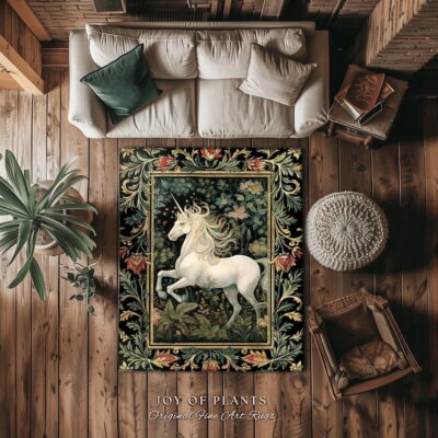 Soft Cottagecore Botanical Unicorn Rug Folklore Forest Decor | Whimsical Fairyta