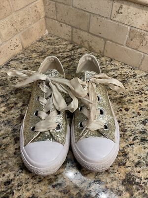 Converse All Star GOLD GLITTER Girls Junior Size Low Top Sneakers Shoes 