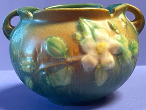 ROSEVILLE WHITE ROSE VASE # 653-3 BROWN / GREEN *CIRCA 1940* PRISTINE CONDITION