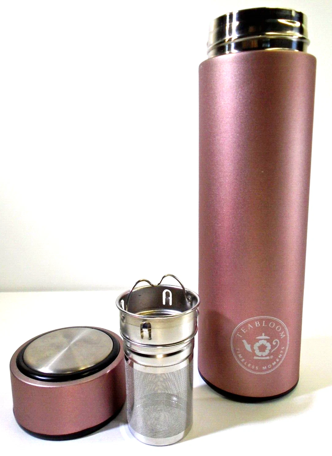 Tea Bloom Insulated Tea Infuser Travel Bottle w/ Loose Leaf Tea Strainer SS ROSE