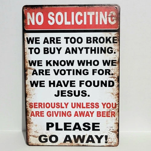 Funny Rustic Vintage No Soliciting Beer Metal Tin Sign Man Cave Wall Decor