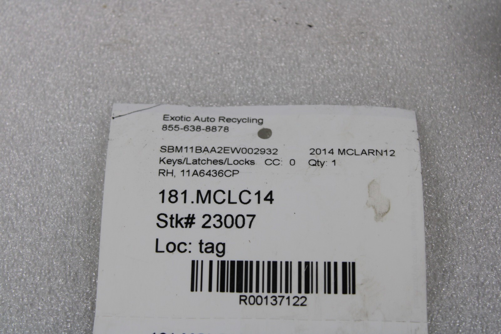 Mclaren MP4-12C, RH, Right, Door Latch / Lock, Used, P/N 11A6436CP