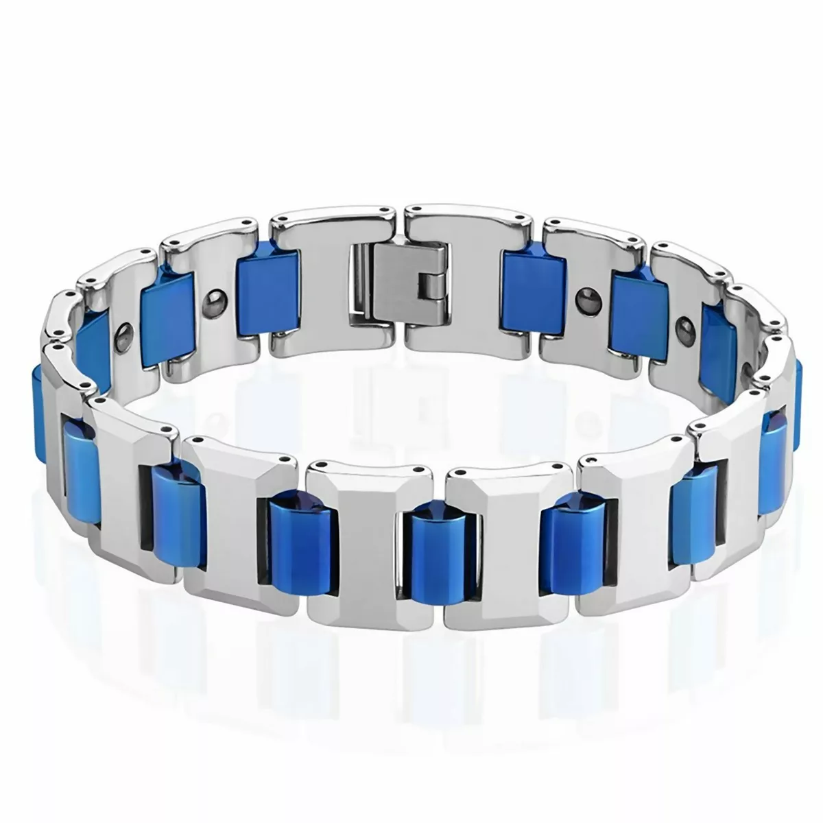 Mens Electric Blue Tungsten Magnetic Link Bracelet 8 1 2 Inch Modern Cuff Bangle