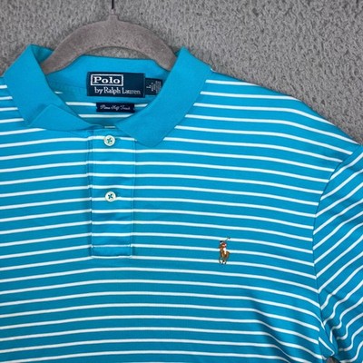 Ralph Lauren Polo Shirt Men Large Flesh Pony Soft Touch Turquoise Stripe