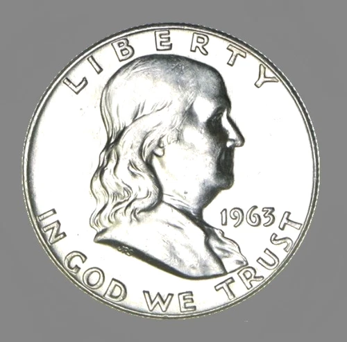 1963-D   FRANKLIN SILVER HALF DOLLAR  50c  DENVER MINT  90%  SILVER COIN / UNC
