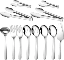 Gisly 12-Piece Serving Set - Large Spoons, Forks, Tongs, Ladle, Cake Server & Ap