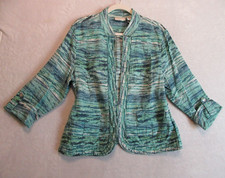 Chicos Jacket Women Size 3 Multicolor Stripe 100 LINEN Open Front Roll Tab Slv