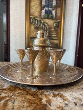 GORGEOUS ETCHED BRASS COCKTAIL SHAKER CENTER, GOBLETS, TRAY