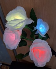 Solar Powered Colour Changing White Roses, 4 Heads, Garden Dec. 63cm With Stake.