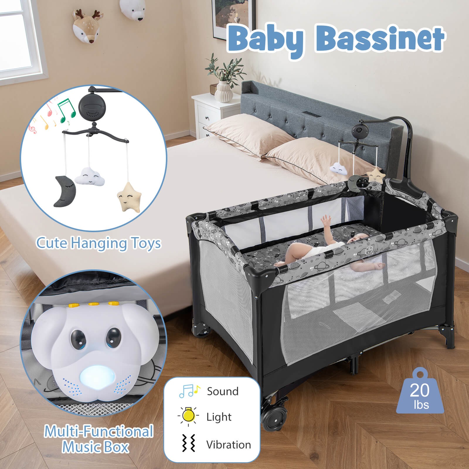 3-in-1 Baby Bassinet Portable Pack and Play w/ Removable Changing Table Mattress