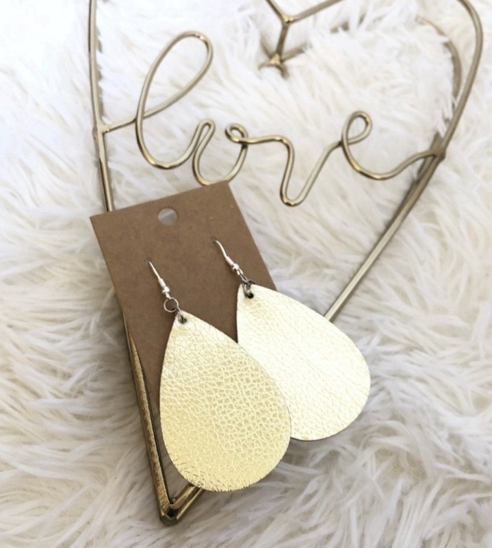 New gold teardrop earrings. PU leather / sterling silver fish hooks. ~ 2.5” tall
