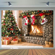 Christmas Fireplace Decoration Backdrop 8x6ft Xmas Party Photo Booth Props