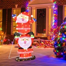 Christmas Outdoor LED Double Santa Yard Sign W/ String Lights  4 Stakes