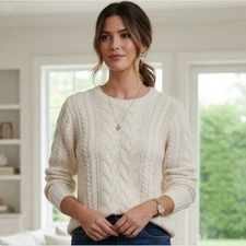 J. Crew Handknit Cozy Cream Cable Knit Sweater Wool Angora Quiet Luxury Small