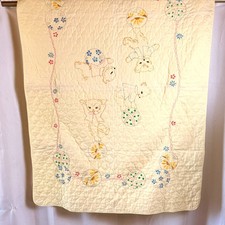 Vintage 70s Yellow Hand Embroidered Teddy Bears Baby Crib Blanket Quilt 41x58"