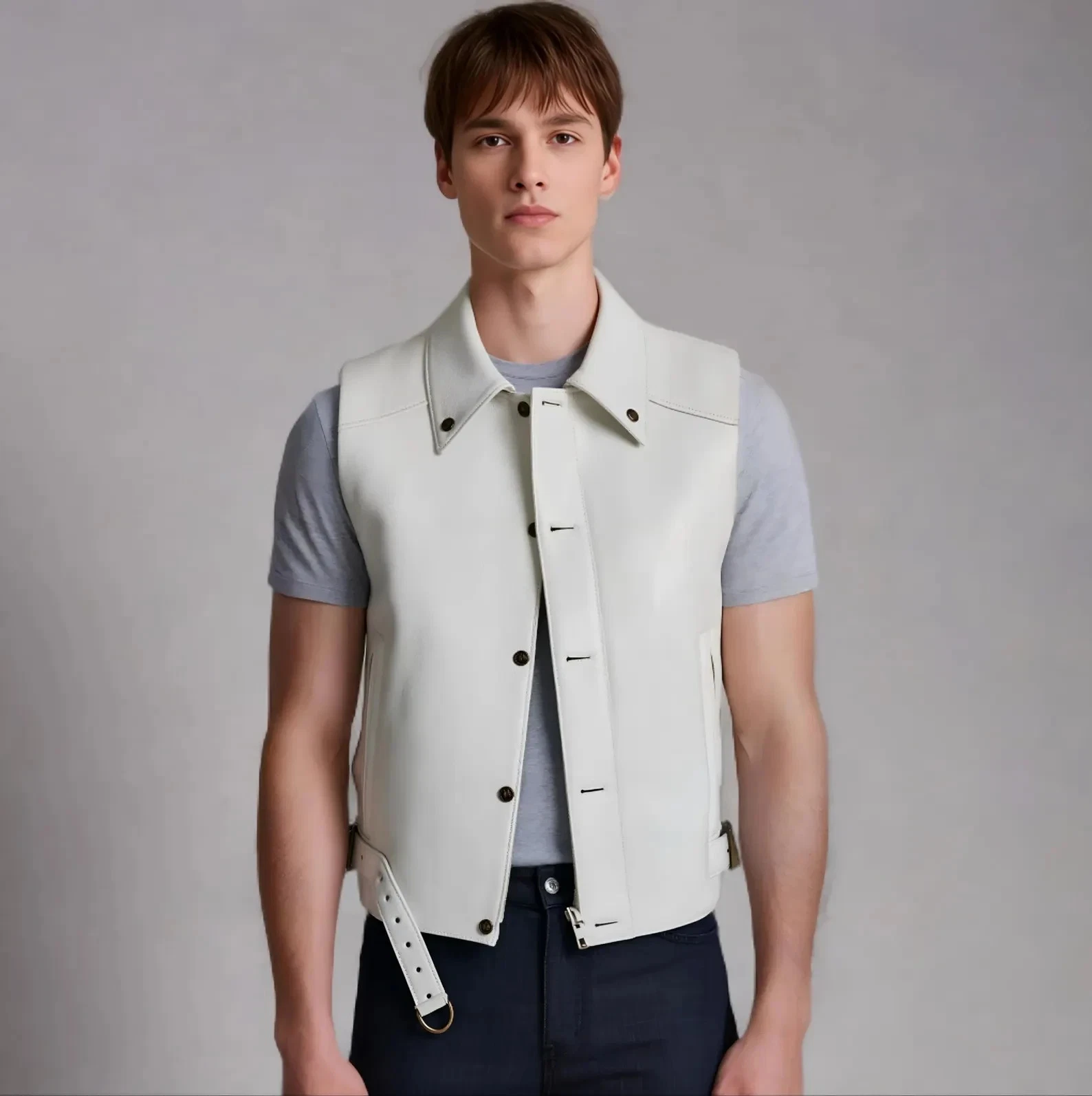 Handmade White Genuine Cow Leather Waistcoat for Men – Real Leather Vest, Biker