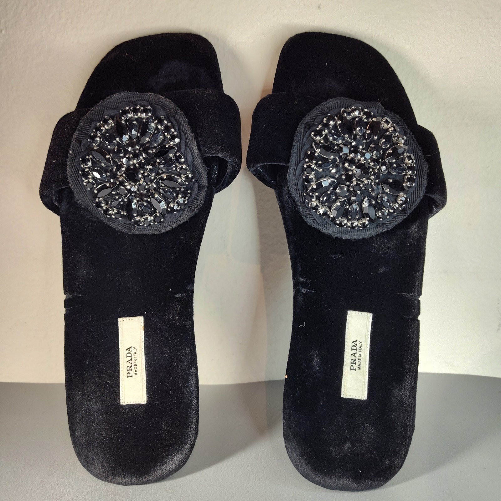 Prada Velvet Crystal Embellishments Slides Sandals Women's Sz EU 35.5 US 5.5