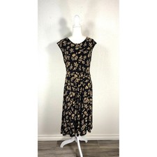 Lauren Ralph Lauren Dress Womens Large Black Tan Floral Midi Buckle Stretch L/G