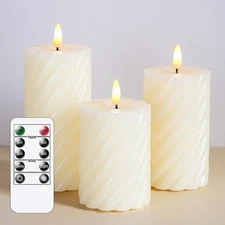 Flameless Spiral LED Pillar Candles with Remote Timer Ivory Wax 3 Pack