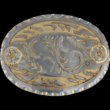 Cowboy Cowgirl Rancher Floral Western Ranch Rodeo Engraved Styl Vtg Belt Buckle