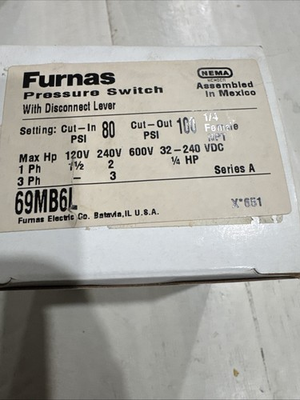 #ad Furnas Pressure Switch 69MB6L Series A New In Box $76.30